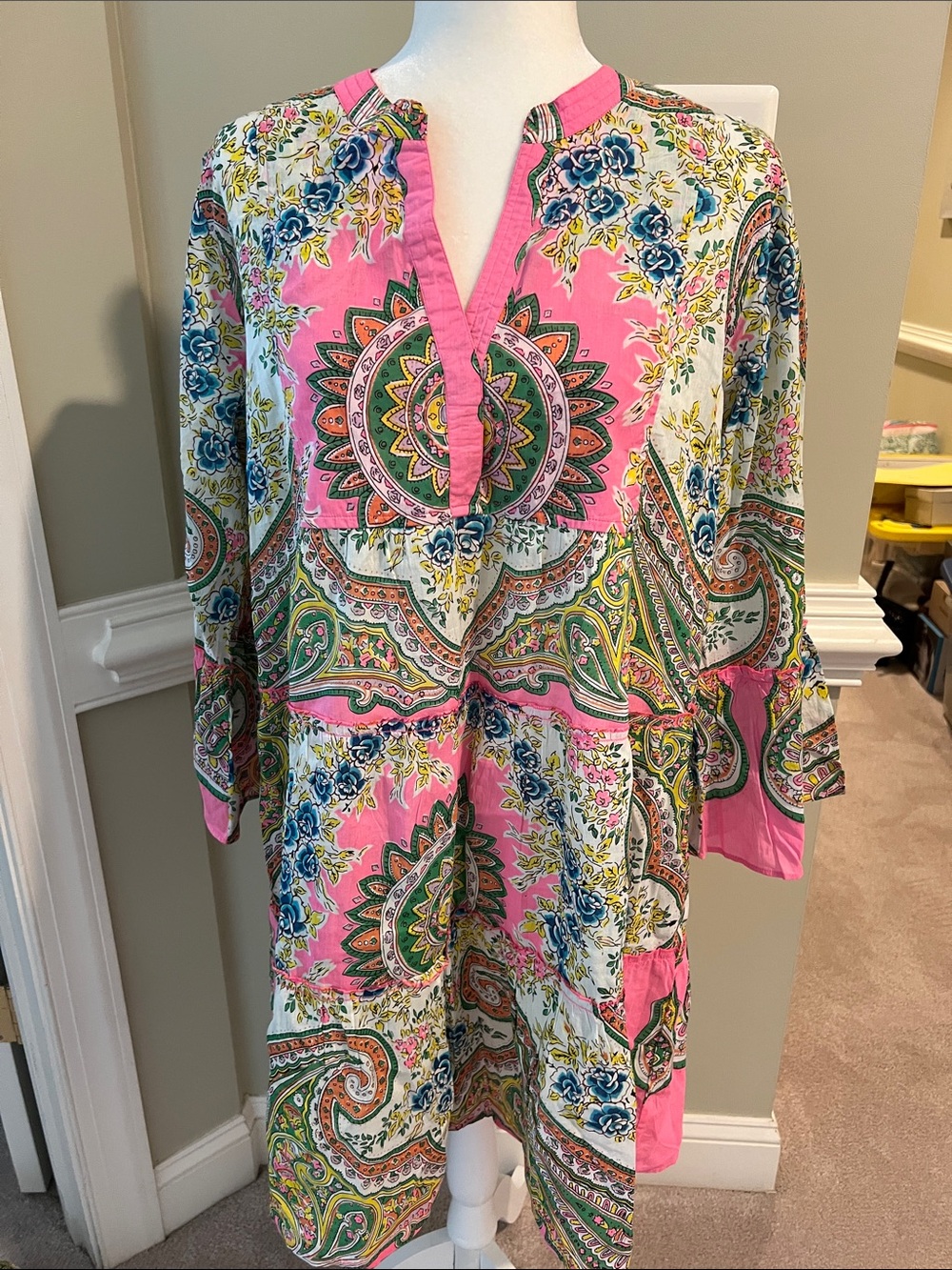 Stunning LOLA Australia Pink Paisley Coverup Dress with Floral Medallion Detail